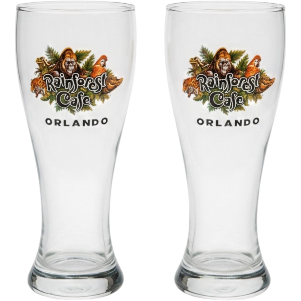 Rainforest Cafe Orlando Souvenir Pilsner Glasses Set of 2 Clear Logo 8.5 Inch P3
